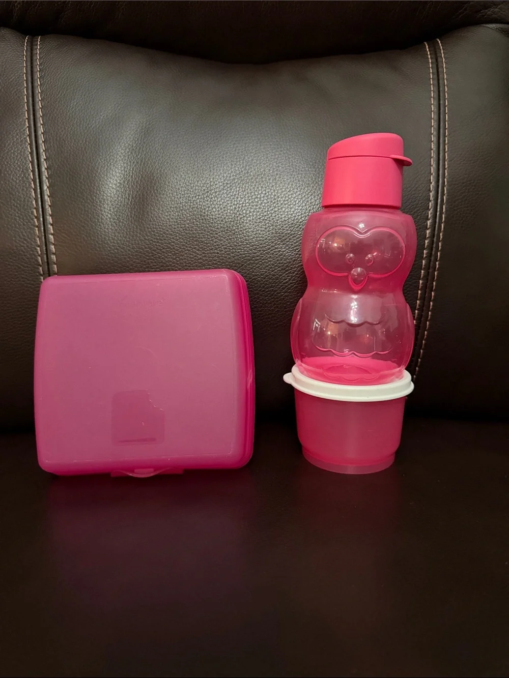 Tupperware Pink Kids Snack Box and Owl Bottle Set